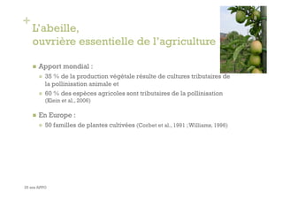 +                                                                                       8

    L’abeille,
    ouvrière essentielle de l’agriculture

        Apport mondial :
             35 % de la production végétale résulte de cultures tributaires de
              la pollinisation animale et
             60 % des espèces agricoles sont tributaires de la pollinisation
              (Klein et al., 2006)

        En Europe :
             50 familles de plantes cultivées (Corbet et al., 1991 ; Williams, 1996)




25 ans APPO
 