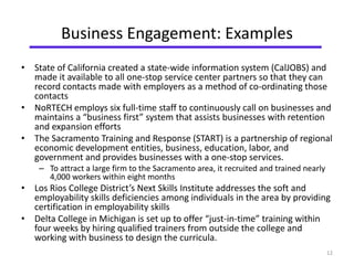 Business Engagement: Examples 
• State of California created a state-wide information system (CalJOBS) and 
made it available to all one-stop service center partners so that they can 
record contacts made with employers as a method of co-ordinating those 
contacts 
• NoRTECH employs six full-time staff to continuously call on businesses and 
maintains a “business first” system that assists businesses with retention 
and expansion efforts 
• The Sacramento Training and Response (START) is a partnership of regional 
economic development entities, business, education, labor, and 
government and provides businesses with a one-stop services. 
– To attract a large firm to the Sacramento area, it recruited and trained nearly 
4,000 workers within eight months 
• Los Rios College District’s Next Skills Institute addresses the soft and 
employability skills deficiencies among individuals in the area by providing 
certification in employability skills 
• Delta College in Michigan is set up to offer “just-in-time” training within 
four weeks by hiring qualified trainers from outside the college and 
working with business to design the curricula. 
12 
 