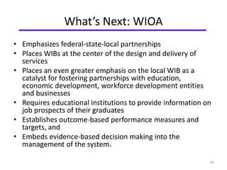 What’s Next: WIOA 
• Emphasizes federal-state-local partnerships 
• Places WIBs at the center of the design and delivery of 
services 
• Places an even greater emphasis on the local WIB as a 
catalyst for fostering partnerships with education, 
economic development, workforce development entities 
and businesses 
• Requires educational institutions to provide information on 
job prospects of their graduates 
• Establishes outcome-based performance measures and 
targets, and 
• Embeds evidence-based decision making into the 
management of the system. 
18 
