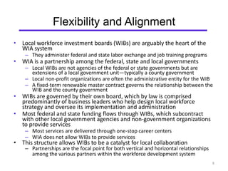 8 
Flexibility and Alignment 
• Local workforce investment boards (WIBs) are arguably the heart of the 
WIA system 
– They administer federal and state labor exchange and job training programs 
• WIA is a partnership among the federal, state and local governments 
– Local WIBs are not agencies of the federal or state governments but are 
extensions of a local government unit—typically a county government 
– Local non-profit organizations are often the administrative entity for the WIB 
– A fixed-term renewable master contract governs the relationship between the 
WIB and the county government 
• WIBs are governed by their own board, which by law is comprised 
predominantly of business leaders who help design local workforce 
strategy and oversee its implementation and administration 
• Most federal and state funding flows through WIBs, which subcontract 
with other local government agencies and non-government organizations 
to provide services 
– Most services are delivered through one-stop career centers 
– WIA does not allow WIBs to provide services 
• This structure allows WIBs to be a catalyst for local collaboration 
– Partnerships are the focal point for both vertical and horizontal relationships 
among the various partners within the workforce development system 
 