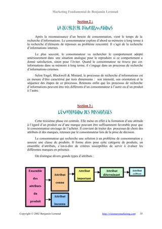 Marketing Fondamental de Benjamin Lernoud


                                             Section 2 :

                              La recherche d’informations
            Après la reconnaissance d’un besoin de consommation, vient le temps de la
      recherche d’informations. Le consommateur explore d’abord sa mémoire à long terme à
      la recherche d’éléments de réponses au problème rencontré. Il s’agit de la recherche
      d’informations internes.
            Le plus souvent, le consommateur va rechercher le comportement adopté
      antérieurement dans une situation analogue pour le reproduire si ce comportement a
      donné satisfaction, sinon pour l’éviter. Quand le consommateur ne trouve pas ces
      informations dans sa mémoire à long terme, il s’engage dans un processus de recherche
      d’informations externes.
            Selon Engel, Blackwell & Miniard, le processus de recherche d’informations est
      en mesure d’être caractérisé par trois dimensions : son intensité, son orientation et la
      séquence des étapes de ce processus. Retenons enfin que les processus de recherche
      d’informations peuvent être très différents d’un consommateur à l’autre ou d’un produit
      à l’autre.



                                             Section 3 :

                              L’évaluation des possibilités
             Cette troisième phase est centrale. Elle mène en effet à la formation d’une attitude
      à l’égard d’un produit ou d’une marque pouvant être suffisamment favorable pour que
      le consommateur envisage de l’acheter. Il convient de traiter des processus de choix des
      attributs et des marques, retenues par le consommateur lors de la prise de décision.
            Le consommateur qui recherche une solution à un problème de consommation y
      associe une classe de produits. Il forme alors pour cette catégorie de produits, un
      ensemble d’attributs, c’est-à-dire de critères susceptibles de servir à évaluer les
      différentes marques en présence.
            On distingue divers grands types d’attributs :



       Ensemble                               Attribut             Attribut               Attribut
                           Attribut                              déterminant              saillant
          des                                important
                            connu
       attributs

           du
                           Attribut
        produit
                           inconnu

Copyright © 2002 Benjamin Lernoud                               http://visionarymarketing.com   35
 