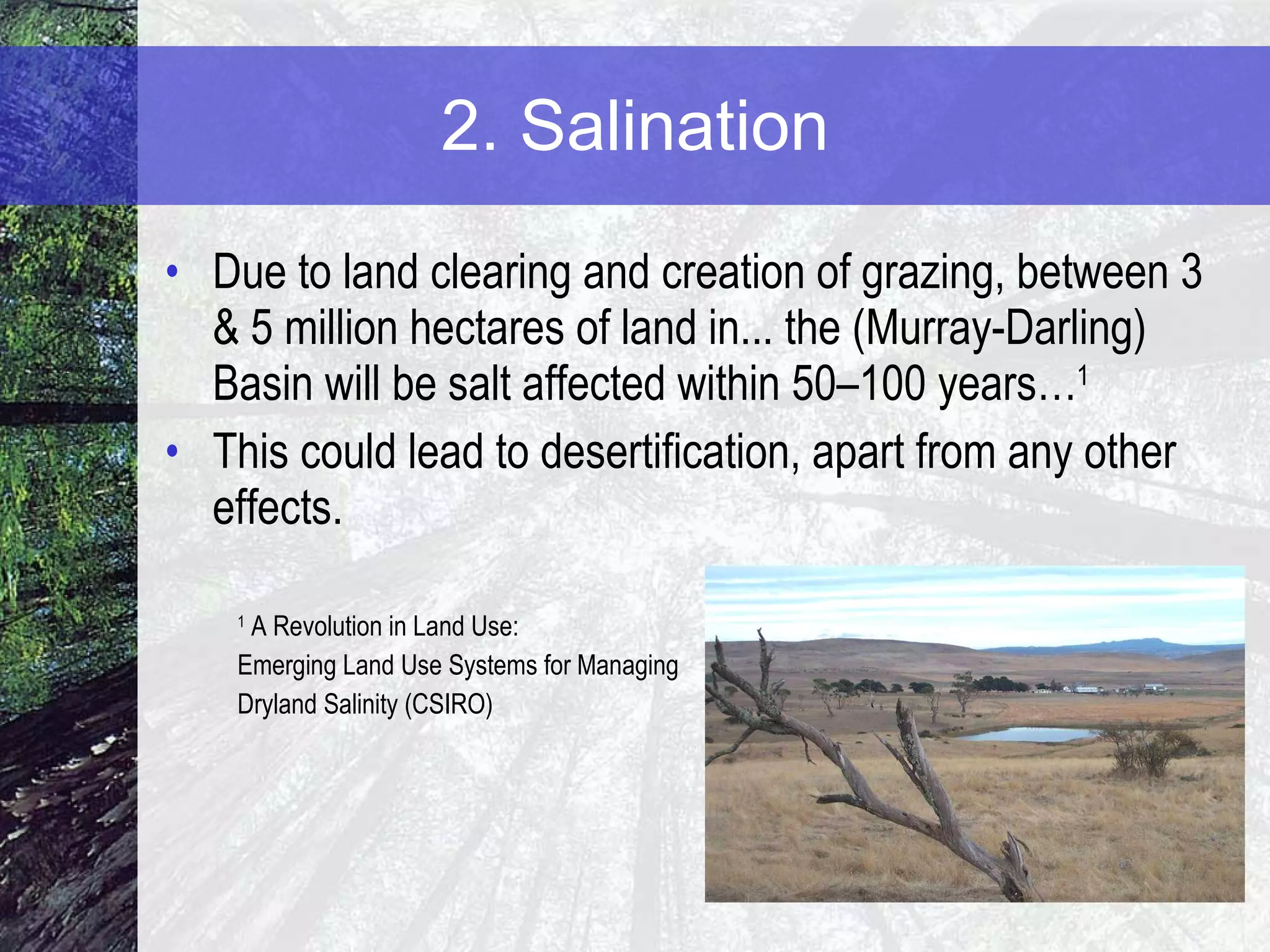 2. Salination Due to land clearing and creation of grazing, between 3 & 5 million hectares of land in... the (Murray-Darling) Basin will be salt affected within 50–100 years… 1 This could lead to desertification, apart from any other effects. 1  A Revolution in Land Use:  Emerging Land Use Systems for Managing  Dryland Salinity (CSIRO) 