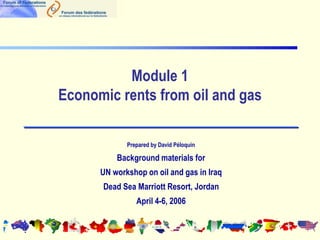 Module 1
Economic rents from oil and gas
Prepared by David Péloquin
Background materials for
UN workshop on oil and gas in Iraq
Dead Sea Marriott Resort, Jordan
April 4-6, 2006
 