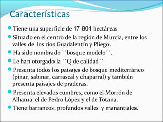 Características
Tiene una superficie de 17 804 hectáreas
Situado en el centro de la región de Murcia, entre los
valles de los ríos Guadalentín y Pliego.
Ha sido nombrado ``bosque modelo´´.
Le han otorgado la ``Q de calidad´´
Presenta todos los paisajes de bosque mediterráneo
(pinar, sabinar, carrascal y chaparral) y también
presenta paisajes de praderas.
Presenta elevadas cumbres, como el Morrón de
Alhama, el de Pedro López y el de Totana.
Tiene barrancos, profundos valles y manantiales.
 
