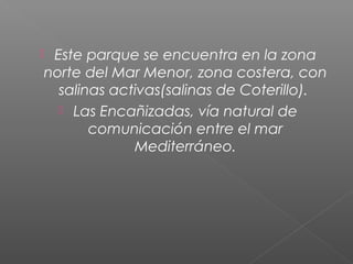  Este parque se encuentra en la zona
norte del Mar Menor, zona costera, con
salinas activas(salinas de Coterillo).
 Las Encañizadas, vía natural de
comunicación entre el mar
Mediterráneo.
 