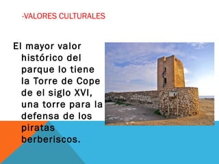 -VALORES CULTURALES
El mayor valor
histórico del
parque lo tiene
la Torre de Cope
de el siglo XVI,
una torre para la
defensa de los
piratas
berberiscos.
 