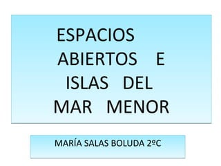 ESPACIOS
ABIERTOS E
ISLAS DEL
MAR MENOR
ESPACIOS
ABIERTOS E
ISLAS DEL
MAR MENOR
MARÍA SALAS BOLUDA 2ºCMARÍA SALAS BOLUDA 2ºC
 