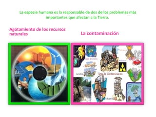 La especie humana es la responsable de dos de los problemas más
importantes que afectan a la Tierra.
Agotamiento de los recursos
naturales La contaminación
 