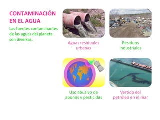CONTAMINACIÓN
EN EL AGUA
Las fuentes contaminantes
de las aguas del planeta
son diversas:
 
