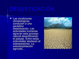 DESERTIZACIÓNDESERTIZACIÓN
 Las condicionesLas condiciones
climatológicasclimatológicas
conducen a unaconducen a una
paulatinapaulatina
desertización. Lasdesertización. Las
actividades humanasactividades humanas
agravan este procesoagravan este proceso
natural desertificandonatural desertificando
el paisaje. Entre estasel paisaje. Entre estas
actividades destacan elactividades destacan el
sobrepastoreo. Lasobrepastoreo. La
sobreexplotaciónsobreexplotación
agrícola…agrícola…
 