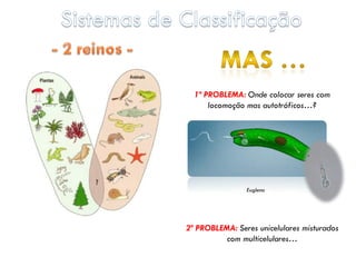1º PROBLEMA: Onde colocar seres com
      locomoção mas autotróficos…?




                Euglena




2º PROBLEMA: Seres unicelulares misturados
          com multicelulares…
 