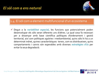 1.4. El sòl com a element multifuncional d’un ecosistema
 Degut a la variabilitat espacial, les funcions que potencialment poden
desenvolupar els sòls seran diferents uns d’altres. La qual cosa fa necessari
per a dissenyar amb base científica polítiques d’ordenament i gestió
territorial, així com polítiques agràries i mediambiental, quins sòls hi ha a un
determinat indret, quines característiques tenen, com es distribueixen, quins
comportaments i canvis són esperables amb diverses estratègies d’ús per
evitar la seua degradació.
Sergi Meseguer Costa Àrea de Cristal·lografia i Mineralogia-Departament de Ciències Agràries i del Medi Natural
 