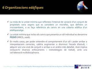  La mida de la unitat mínima que reflecteix l’interval de variació d’un conjunt de
propietats varia segons que es considere un microlloc, que defineix un
microambient, o es faça referència als canvis en una coberta edàfica d’un
edafopaisatge.
 La unitat mínima que inclou els canvis que presenta un sòl individual es denomina
PEDIÓ (NRCS, 2006).
 En molts casos, per poder entendre el comportament d’un sòl i poder arribar a
interpretacions correctes, caldria augmentar o disminuir l’escala d’estudi, i
adquirir així una visió de conjunt o arribar a un anàlisi més detallat. Això implica
incloure-hi diversos enfocaments i metodologies de treball, amb una
col·laboració multidisciplinaria.
Sergi Meseguer Costa Àrea de Cristal·lografia i Mineralogia-Departament de Ciències Agràries i del Medi Natural
 
