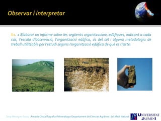 E1. 1 Elaborar un informe sobre les següents organitzacions edàfiques, indicant a cada
cas, l’escala d’observació, l’organització edàfica, ús del sòl i alguna metodologia de
treball utilitzable per l’estudi segons l’organització edàfica de què es tracte:
Sergi Meseguer Costa Àrea de Cristal·lografia i Mineralogia-Departament de Ciències Agràries i del Medi Natural
 