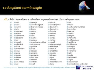 CC. 1 Seleccionar el terme més adient segons el context, d’entre els proposats:
(1) a) roca b) paisatge c) horitzó d) sòl
(2) a) capa b) coberta vegetal c) coberta prima d) factor
(3) a) <1mm b) diversos metres c) dos metres d) qualsevol profunditat
(4) a) 1 m b) depèn c) dos metres d) no es fixa
(5) a) interfase b) volum c) frontera d) reactor
(6) a) estàtic b) rocós c) dinàmic d) abiòtic
(7) a) continuum b) sèrie c) anàlisi d) conjunt
(8) a) posicions b) escales c) temps d) moments
(9) a) sòl b) paisatge c) horitzó d) edafopaisatge
(10) a) model b) organització edàfica c) model d) seqüència
(11) a) kilomètric b) micromètric c) submicroscòpic d) mil·limètric
(12) a) física b) química c) edafologia d) biologia
(13) a) astronomia b) física c) fertilitat d) ecologia
(14) a) salut b) població c) estabilitat d) economia
(15) a) arena b) aliments c) energia d) salut
(16) a) oxigen b) ancoratge c) hidrogen d) argila
(17) a) llavors b) horitzons c) aigua d) fertilitzants
(18) a) aire b) ambient c) aliments d) aigua
(19) a) cos estàtic b) vertader c) element dinàmic d) cos artificial
(20) a) sòl b) nivell c) planta d) compartiment ambiental
Sergi Meseguer Costa Àrea de Cristal·lografia i Mineralogia-Departament de Ciències Agràries i del Medi Natural
 