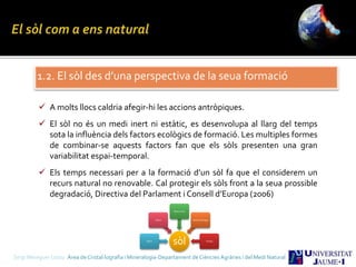 1.2. El sòl des d’una perspectiva de la seua formació
 A molts llocs caldria afegir-hi les accions antròpiques.
 El sòl no és un medi inert ni estàtic, es desenvolupa al llarg del temps
sota la influència dels factors ecològics de formació. Les multiples formes
de combinar-se aquests factors fan que els sòls presenten una gran
variabilitat espai-temporal.
 Els temps necessari per a la formació d’un sòl fa que el considerem un
recurs natural no renovable. Cal protegir els sòls front a la seua prossible
degradació, Directiva del Parlament i Consell d’Europa (2006)
sòlRoca
Clima
Éssers vius
Geomorfologia
Temps
Sergi Meseguer Costa Àrea de Cristal·lografia i Mineralogia-Departament de Ciències Agràries i del Medi Natural
 