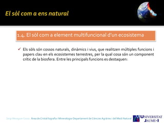 1.4. El sòl com a element multifuncional d’un ecosistema
 Els sòls són cossos naturals, dinàmics i vius, que realitzen múltiples funcions i
papers clau en els ecosistemes terrestres, per la qual cosa són un component
crític de la biosfera. Entre les principals funcions es destaquen:
Sergi Meseguer Costa Àrea de Cristal·lografia i Mineralogia-Departament de Ciències Agràries i del Medi Natural
 