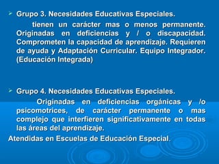  Grupo 3. Necesidades Educativas Especiales.Grupo 3. Necesidades Educativas Especiales.
tienen un carácter mas o menos permanente.tienen un carácter mas o menos permanente.
Originadas en deficiencias y / o discapacidad.Originadas en deficiencias y / o discapacidad.
Comprometen la capacidad de aprendizaje. RequierenComprometen la capacidad de aprendizaje. Requieren
de ayuda y Adaptación Curricular. Equipo Integrador.de ayuda y Adaptación Curricular. Equipo Integrador.
(Educación Integrada)(Educación Integrada)
 Grupo 4. Necesidades Educativas Especiales.Grupo 4. Necesidades Educativas Especiales.
Originadas en deficiencias orgánicas y /oOriginadas en deficiencias orgánicas y /o
psicomotrices, de carácter permanente o maspsicomotrices, de carácter permanente o mas
complejo que interfieren significativamente en todascomplejo que interfieren significativamente en todas
las áreas del aprendizaje.las áreas del aprendizaje.
Atendidas en Escuelas de Educación EspecialAtendidas en Escuelas de Educación Especial..
 