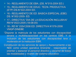  14.- REGLAMENTO DE EBA. (DS. N°015-2004 ED.)14.- REGLAMENTO DE EBA. (DS. N°015-2004 ED.)
 15.- REGLAMENTO DE EDUC. TECN. PRODUCTIVA15.- REGLAMENTO DE EDUC. TECN. PRODUCTIVA
(ETP) DS.N°022-2004 ED.(ETP) DS.N°022-2004 ED.
 16.- REGLAMENTO DE ED. BASICA ESPECIAL (EBE)16.- REGLAMENTO DE ED. BASICA ESPECIAL (EBE)
DS. N°002-2005- ED.DS. N°002-2005- ED.
 17.- DIRECTIVA “DIA DE LA EDUCACIÓN INCLUSIVA”17.- DIRECTIVA “DIA DE LA EDUCACIÓN INCLUSIVA”
RM N°0523-2005 (18-08-05)RM N°0523-2005 (18-08-05)
 18.- RD N° 0354’2006 ED. DIRECTIVA N°076-200618.- RD N° 0354’2006 ED. DIRECTIVA N°076-2006
VMGP-DINEBEVMGP-DINEBE
““Dispone la matricula de los estudiantes con discapacidadDispone la matricula de los estudiantes con discapacidad
severa y multidiscapacidad en los centros EBE. Y lasevera y multidiscapacidad en los centros EBE. Y la
Inclusión de los estudiantes con discapacidad leve yInclusión de los estudiantes con discapacidad leve y
moderada en la institución EBR.moderada en la institución EBR.
Constitución de los servicios de apoyo y Asesoramiento a lasConstitución de los servicios de apoyo y Asesoramiento a las
NEE como unidad operativa itinerante , responsable deNEE como unidad operativa itinerante , responsable de
orientar y asesorar al personal directivo y docente de todasorientar y asesorar al personal directivo y docente de todas
las modalidades y niveles del sistema educativo.las modalidades y niveles del sistema educativo.
 