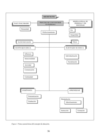 36
Figura 1. Notas características del concepto de educación.
NACE INACABADO
SER HUMANO
MODELO IDEAL DE
PERSONA Y DE
SOCIEDAD
PROCESO DE CONVERTIRSE
EN PERSONA
Humanidad
Perfeccionamiento
Fin
Integralidad
Acción/intervención Efecto
SUJETO QUE EDUCA SUJETO QUE SE EDUCA
Influencia
Intencionalidad
Actividad
Comunicación
Continuidad
Individualización
Socialización
ENSEÑANZA APRENDIZAJE
Sistematización
Graduación
Manipulación
Adoctrinamiento
Instrucción Formación
 