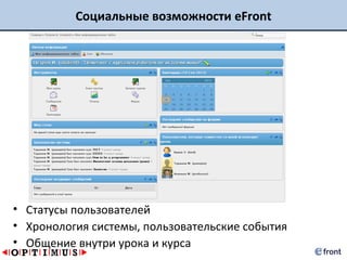 Социальные возможности eFront




• Статусы пользователей
• Хронология системы, пользовательские события
• Общение внутри урока и курса
 