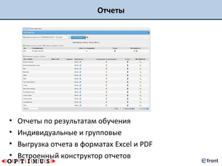 Отчеты




•   Отчеты по результатам обучения
•   Индивидуальные и групповые
•   Выгрузка отчета в форматах Excel и PDF
•   Встроенный конструктор отчетов
 