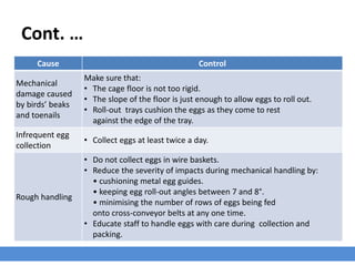 Cont. …
Cause Control
Mechanical
damage caused
by birds’ beaks
and toenails
Make sure that:
• The cage floor is not too rigid.
• The slope of the floor is just enough to allow eggs to roll out.
• Roll-out trays cushion the eggs as they come to rest
against the edge of the tray.
Infrequent egg
collection
• Collect eggs at least twice a day.
Rough handling
• Do not collect eggs in wire baskets.
• Reduce the severity of impacts during mechanical handling by:
• cushioning metal egg guides.
• keeping egg roll-out angles between 7 and 8°.
• minimising the number of rows of eggs being fed
onto cross-conveyor belts at any one time.
• Educate staff to handle eggs with care during collection and
packing.
 