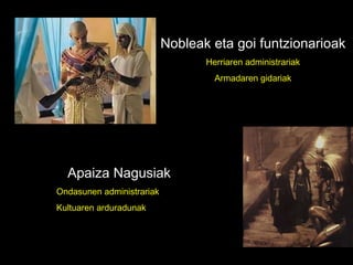 Nobleak eta goi funtzionarioak Herriaren administrariak Armadaren gidariak Apaiza Nagusiak Ondasunen administrariak Kultuaren arduradunak 