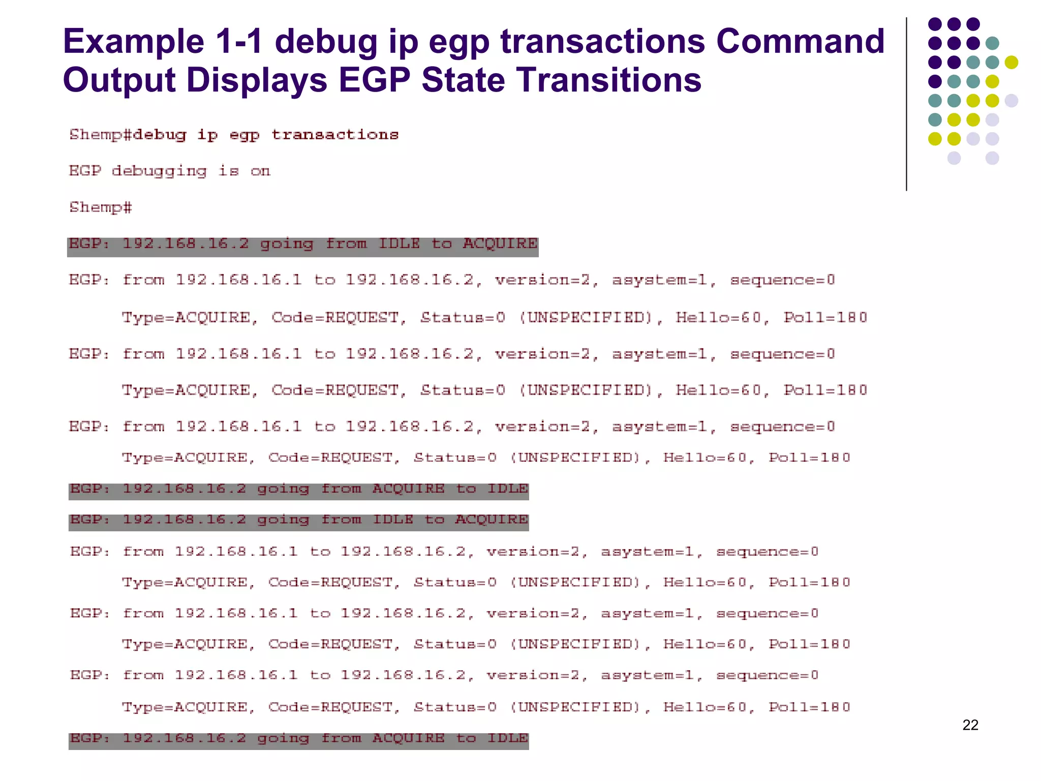 Example 1-1 debug ip egp transactions Command Output Displays EGP State Transitions 