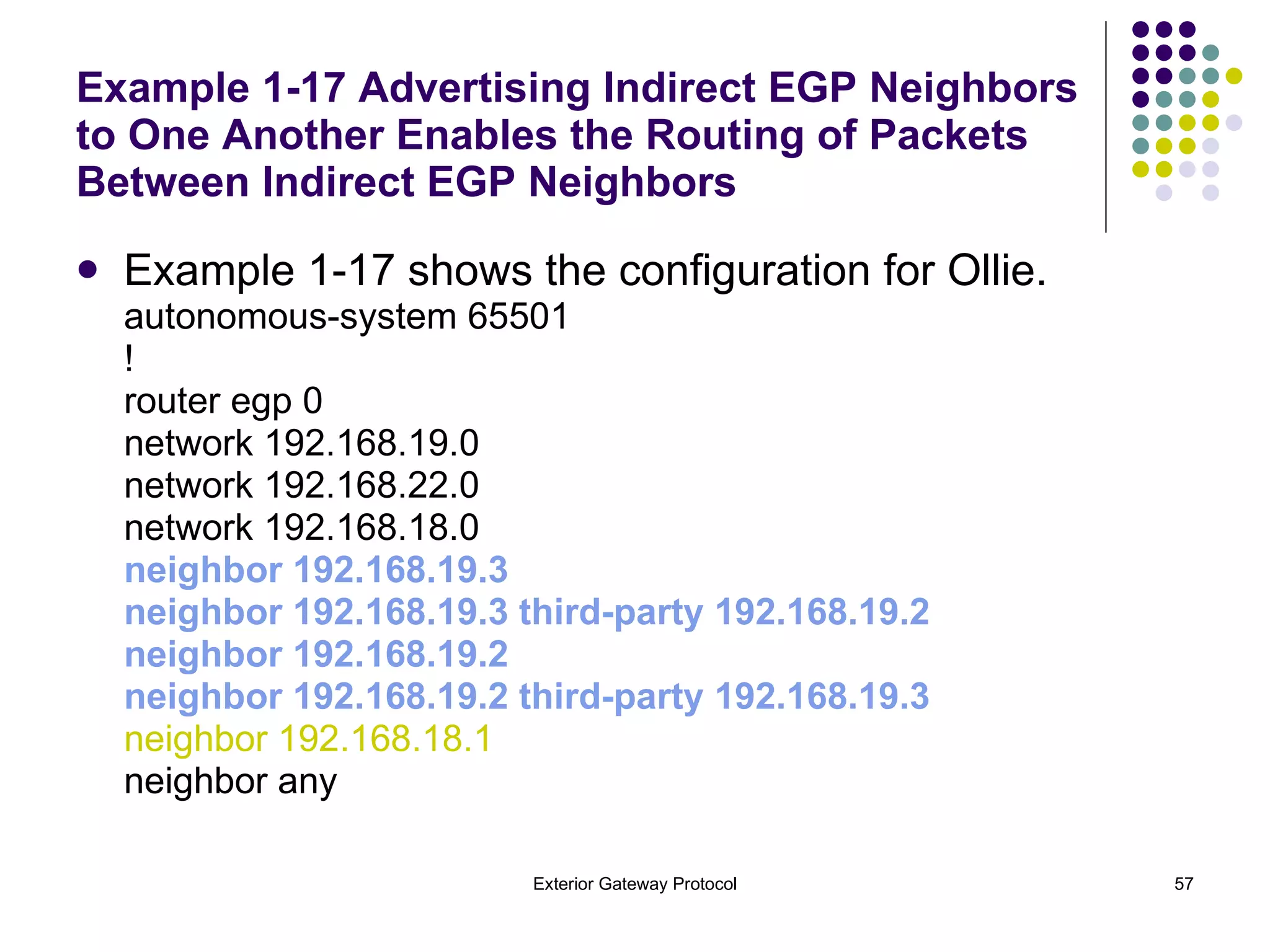 Example 1-17 Advertising Indirect EGP Neighbors to One Another Enables the Routing of Packets Between Indirect EGP Neighbors  Example 1-17 shows the configuration for Ollie. autonomous-system 65501 ! router egp 0 network 192.168.19.0 network 192.168.22.0 network 192.168.18.0 neighbor 192.168.19.3 neighbor 192.168.19.3 third-party 192.168.19.2 neighbor 192.168.19.2 neighbor 192.168.19.2 third-party 192.168.19.3 neighbor 192.168.18.1 neighbor any 