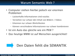Warum Semantic Web ?

      ●
          Computer stehen hierbei jedoch vor enormen
          Problemen:
           –   Lückenhafte Informationen sind nutzlos
           –   Verstehen nur schwer den Inhalt von Bildern / Videos
           –   Erkennen nur schwer Ähnlichkeiten
           –   Können verschiedene Informationen nur schwer kombinieren
      ●
          Ist ein Auto das gleiche wie ein PKW ?
      ●
          Das heutige WWW ist auf Menschen ausgerichtet!



                   Den Daten fehlt die SEMANTIK

Semantic Web Technologien   Steffen Schlönvoigt, HTWG Konstanz, Sommersemester 2011   Einführung
 