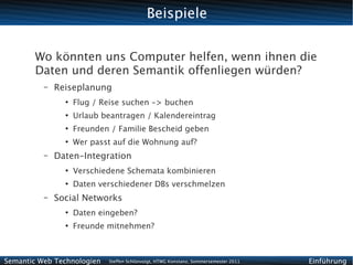 Beispiele

        Wo könnten uns Computer helfen, wenn ihnen die
        Daten und deren Semantik offenliegen würden?
          –   Reiseplanung
                ●
                    Flug / Reise suchen -> buchen
                ●
                    Urlaub beantragen / Kalendereintrag
                ●
                    Freunden / Familie Bescheid geben
                ●
                    Wer passt auf die Wohnung auf?
          –   Daten-Integration
                ●
                    Verschiedene Schemata kombinieren
                ●
                    Daten verschiedener DBs verschmelzen
          –   Social Networks
                ●
                    Daten eingeben?
                ●
                    Freunde mitnehmen?



Semantic Web Technologien   Steffen Schlönvoigt, HTWG Konstanz, Sommersemester 2011   Einführung
 