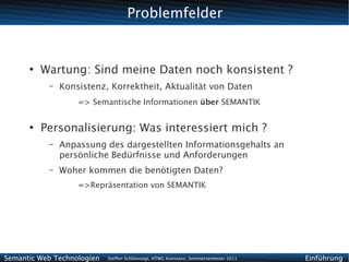 Problemfelder


      ●
          Wartung: Sind meine Daten noch konsistent ?
           –   Konsistenz, Korrektheit, Aktualität von Daten
                   => Semantische Informationen über SEMANTIK


      ●
          Personalisierung: Was interessiert mich ?
           –   Anpassung des dargestellten Informationsgehalts an
               persönliche Bedürfnisse und Anforderungen
           –   Woher kommen die benötigten Daten?
                   =>Repräsentation von SEMANTIK




Semantic Web Technologien   Steffen Schlönvoigt, HTWG Konstanz, Sommersemester 2011   Einführung
 