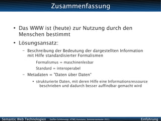 Zusammenfassung


      ●
          Das WWW ist (heute) zur Nutzung durch den
          Menschen bestimmt
      ●
          Lösungsansatz:
           –   Beschreibung der Bedeutung der dargestellten Information
               mit Hilfe standardisierter Formalismen
                     Formalismus = maschinenlesbar
                     Standard = interoperabel
           –   Metadaten = "Daten über Daten“
                 ●
                     strukturierte Daten, mit deren Hilfe eine Informationsressource
                       beschrieben und dadurch besser auffindbar gemacht wird




Semantic Web Technologien   Steffen Schlönvoigt, HTWG Konstanz, Sommersemester 2011   Einführung
 