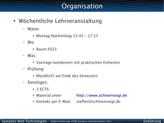 Organisation
      ●
          Wöchentliche Lehrveranstaltung
           –   Wann:
                 ●
                     Montag Nachmittag 15:45 – 17:15
           –   Wo:
                 ●
                     Raum F033
           –   Was:
                 ●
                     Vorträge kombiniert mit praktischen Einheiten
           –   Prüfung:
                 ●
                     Mündlich? am Ende des Semesters
           –   Sonstiges:
                 ●
                     3 ECTS
                 ●
                     Material unter                  http://www.schloenvoigt.de
                 ●
                     Kontakt per E-Mail:             steffen@schloenvoigt.de




Semantic Web Technologien     Steffen Schlönvoigt, HTWG Konstanz, Sommersemester 2011   Einführung
 