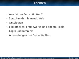 Themen


      ●
          Was ist das Semantic Web?
      ●
          Sprachen des Semantic Web
      ●
          Ontologien
      ●
          Bibliotheken, Frameworks und andere Tools
      ●
          Logik und Inferenz
      ●
          Anwendungen des Semantic Web




Semantic Web Technologien   Steffen Schlönvoigt, HTWG Konstanz, Sommersemester 2011   Einführung
 