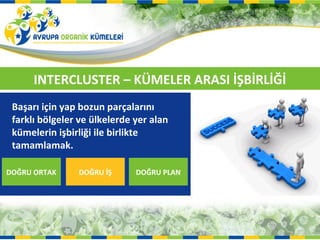 INTERCLUSTER – KÜMELER ARASI İŞBİRLİĞİ
 Başarı için yap bozun parçalarını
 farklı bölgeler ve ülkelerde yer alan
 kümelerin işbirliği ile birlikte
 tamamlamak.

DOĞRU ORTAK     DOĞRU İŞ      DOĞRU PLAN
 
