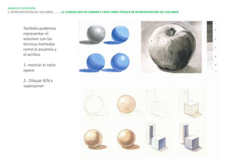 IMAGEN Y EXPRESIÓN.
2. REPRESENTACIÓN DEL VOLUMEN…………EL CLAROSCURO EN CARBON Y LÁPIZ COMO TÉCNICA DE REPRESENTACIÓN DEL VOLUMEN




         También podemos
         representar el
         volumen con las
         técnicas húmedas
         como la acuarela y
         el acrílico.

         1-.mezclar el color
         opaco

         2-. Dibujar B/N y
         superponer
 