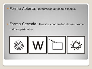    Forma Abierta:       Integración al fondo o medio.




   Forma Cerrada:       Muestra continuidad de contorno en
    todo su perímetro.
 