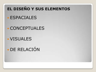EL DISEÑO Y SUS ELEMENTOS

 ESPACIALES


 CONCEPTUALES


 VISUALES


 DE   RELACIÓN
 