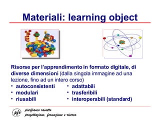 Materiali: learning object Risorse per l’apprendimento in formato digitale, di diverse dimensioni  (dalla singola immagine ad una lezione, fino ad un intero corso) autoconsistenti modulari  riusabili adattabili trasferibili interoperabili (standard) 