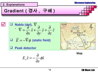 Microwave Engineering
2. Explanations

Gradient ( 경사 , 구배 )


    Nabla (del),
              ∂
                  ∇
                    ∂    ∂
      -
          ∇=    x+
                ˆ      y+ z
                       ˆ    ˆ
             ∂x     ∂y   ∂z
        E = −∇φ   (static field)

     Peak detector
                                      Map
                      ∂
             E x x = − φx
                 ˆ       ˆ
                      ∂x

                               10          EM Wave Lab
 