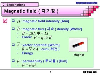 Microwave Engineering
2. Explanations

Magnetic field ( 자기장 )

        H : magnetic field intensity [A/m]
         B : magnetic flux ( 자속 ) density [Wb/m2]
          - B = µH , Φ = LI
          - Force: F = qv × B

         A : vector potential [Wb/m]
          - B = ∇ × A , curl ( 회전 )
          -   Energy                           Magnet

         µ : permeability ( 투자율 ) [H/m]
          - µ = µ0µr
                               8                       EM Wave Lab
 