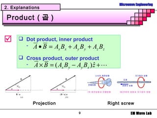 Microwave Engineering
2. Explanations

Product ( 곱 )


      Dot product, inner product
        - A•B = A B + A B + A                                Bz
                         x       x       y       y       z

       Cross product, outer product
        - A × B = ( A B − A B )z +
                                  ˆ
                             x       y       y       x




            Projection                                            Right screw

                                         9                                   EM Wave Lab
 