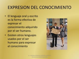EXPRESION	DEL	CONOCIMIENTO
• El	lenguaje	oral	y	escrito	
es	la	forma	efectiva	de	
expresar	el	
conocimiento	adquirido	
por	el	ser	humano.
• Existen	otros	lenguajes	
usados	por	el	ser	
humano	para	expresar	
el	conocimiento
LIC.	MARINA	ADRIANA	HERRERA	VAZQUEZ		
TECNICAS	DE	INVESTIGACION
 