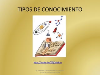TIPOS	DE	CONOCIMIENTO
LIC.	MARINA	ADRIANA	HERRERA	VAZQUEZ		
TECNICAS	DE	INVESTIGACION
http://youtu.be/ZfIjOsIaRus
 
