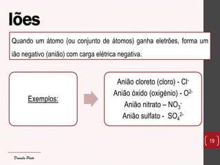 Iões 
Exemplos: 
Anião cloreto (cloro) - Cl- Anião óxido (oxigénio) - O2- 
Anião nitrato – NO3- 
Anião sulfato - SO42- 
19 
Quando um átomo (ou conjunto de átomos) ganha eletrões, forma um ião negativo (anião) com carga elétrica negativa. 
Daniela Pinto  