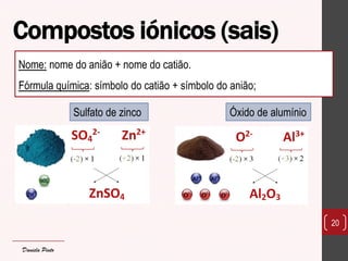 Compostos iónicos (sais) 
20 
Nome: nome do anião + nome do catião. 
Fórmula química: símbolo do catião + símbolo do anião; 
Sulfato de zinco 
Óxido de alumínio 
Daniela Pinto  