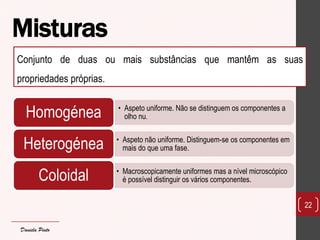 •Aspeto uniforme. Não se distinguem os componentes a olho nu. 
Homogénea 
•Aspeto não uniforme. Distinguem-se os componentes em mais do que uma fase. 
Heterogénea 
•Macroscopicamente uniformes mas a nível microscópico é possível distinguir os vários componentes. 
Coloidal 
22 
Conjunto de duas ou mais substâncias que mantêm as suas propriedades próprias. 
Misturas 
Daniela Pinto  