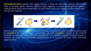 Eletrização por atrito: quando dois corpos neutros e feitos de diferentes materiais são atritados
entre si, um deles ganha elétrons (adquire carga negativa) e o outro perde elétrons (adquire
carga positiva). Nesse tipo de eletrização, os dois corpos ficam com carga de módulo (valor) igual,
mas de sinais opostos.
Receber ou perder elétrons depende da substância de que é constituído o corpo. Esse fenômeno é chamado
de triboelétrico. Na imagem a seguir é apresentada uma série triboelétrica, na qual se um material
mostrado na parte de cima da série for atritado com um material mostrado na parte de baixo, o
material de cima ficará eletrizado positivamente e o material de baixo ficará eletrizado
negativamente.
 